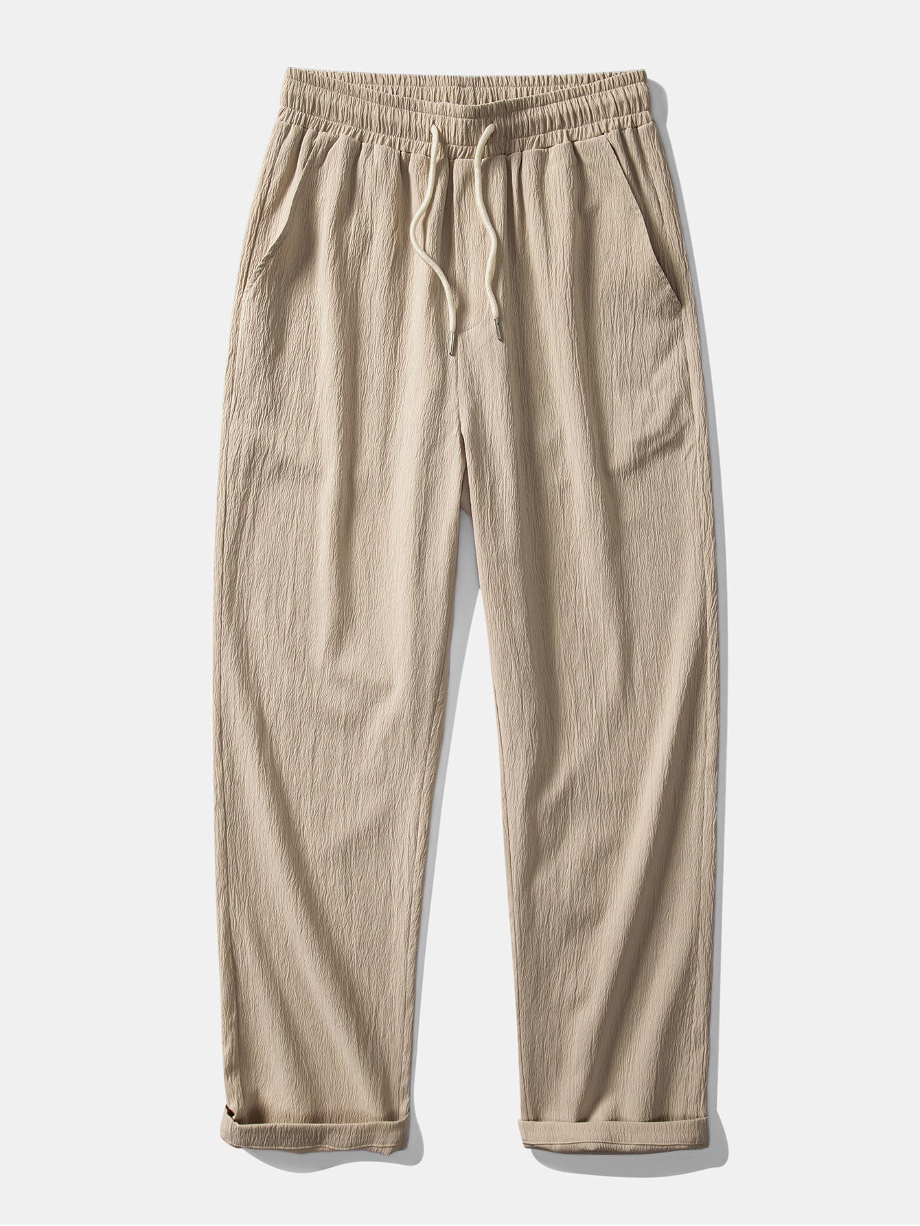 Linen Look V-Neck Stand Collar Shirt & Crinkle Textured Straight Leg Pants