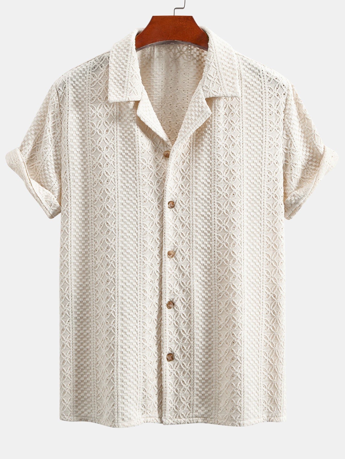 Floral Checkerboard Jacquard Cuban Shirt & Crinkle Textured Drawstring 5" Shorts
