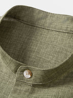 Linen Look Stand Collar Shirt & Drawstring 7" Shorts