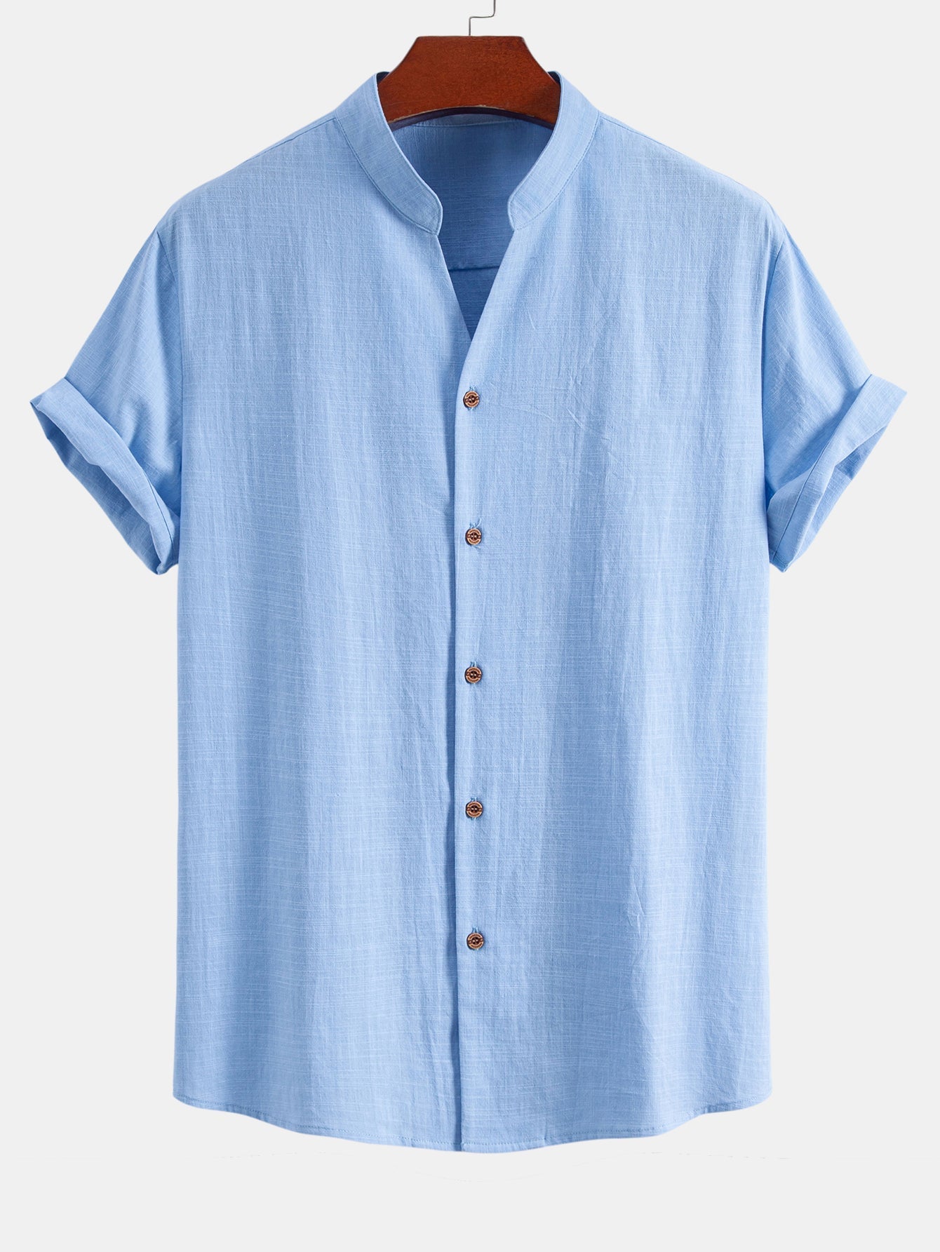 Linen Look V-Neck Stand Collar Shirt & Straight Leg Linen Pants