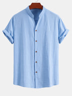 Linen Look V-Neck Stand Collar Shirt & Crinkle Textured Straight Leg Pants