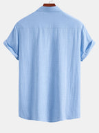 Linen Look V-Neck Stand Collar Shirt