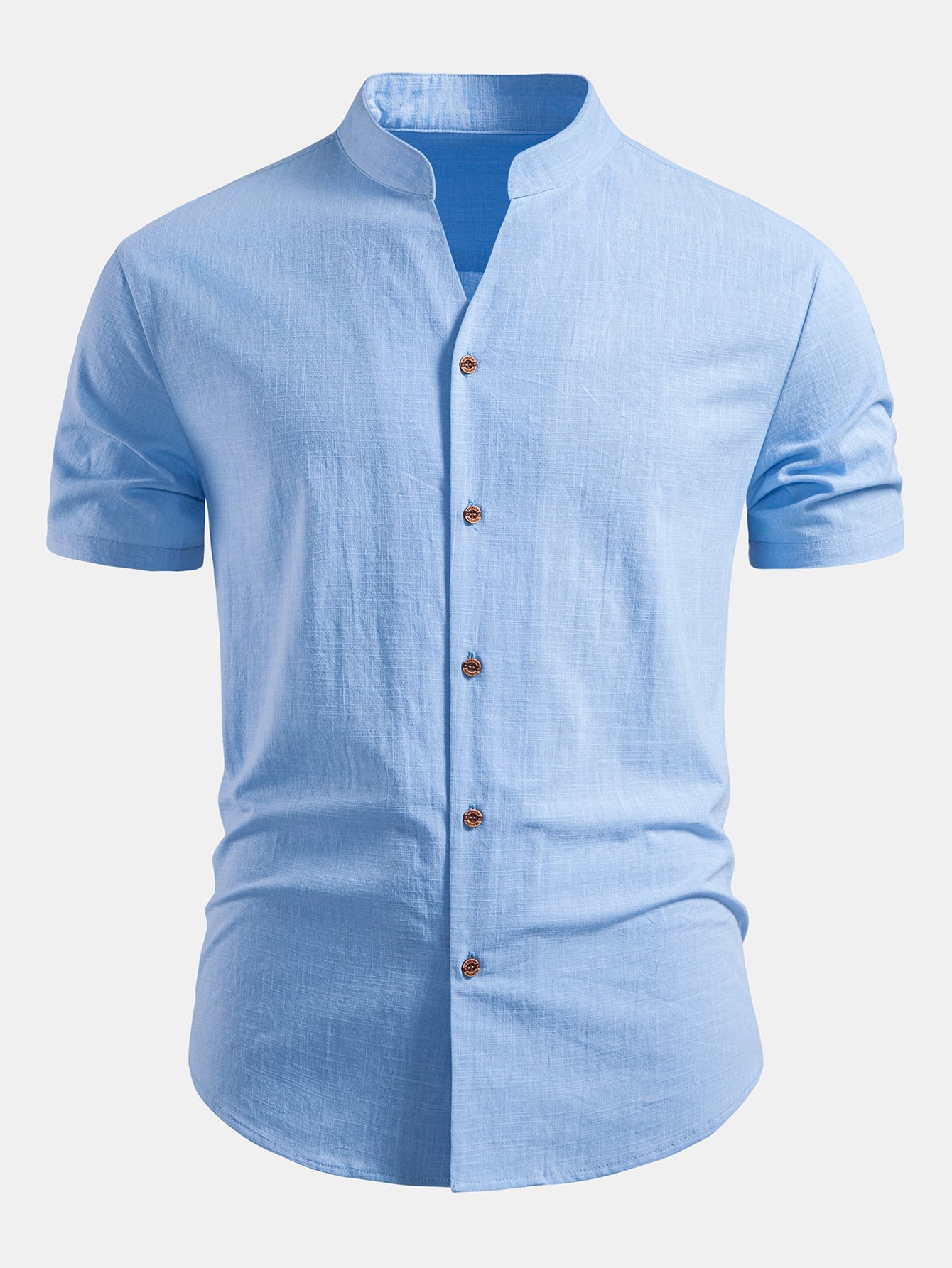 Linen Look V-Neck Stand Collar Shirt
