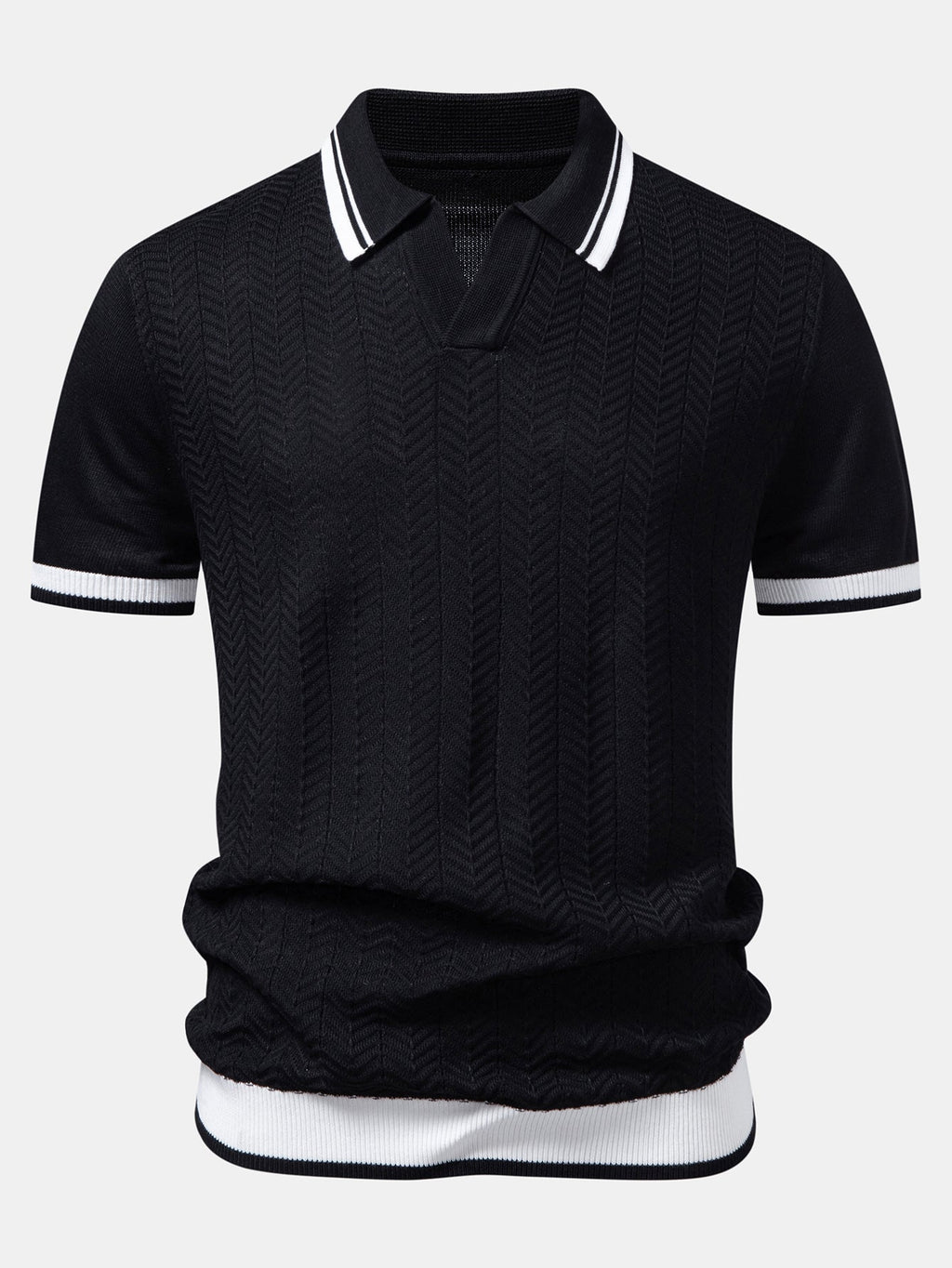 Contrast Textured Jacquard V Neck Knit Polo & Elastic Waist Chino Shorts