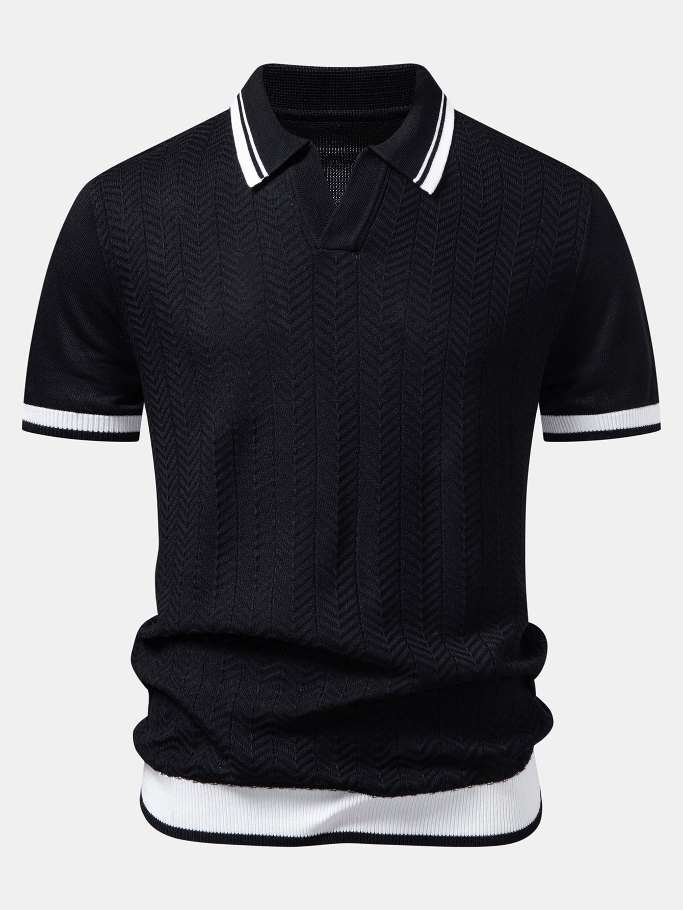 Contrast Textured Jacquard V Neck Knit Polo
