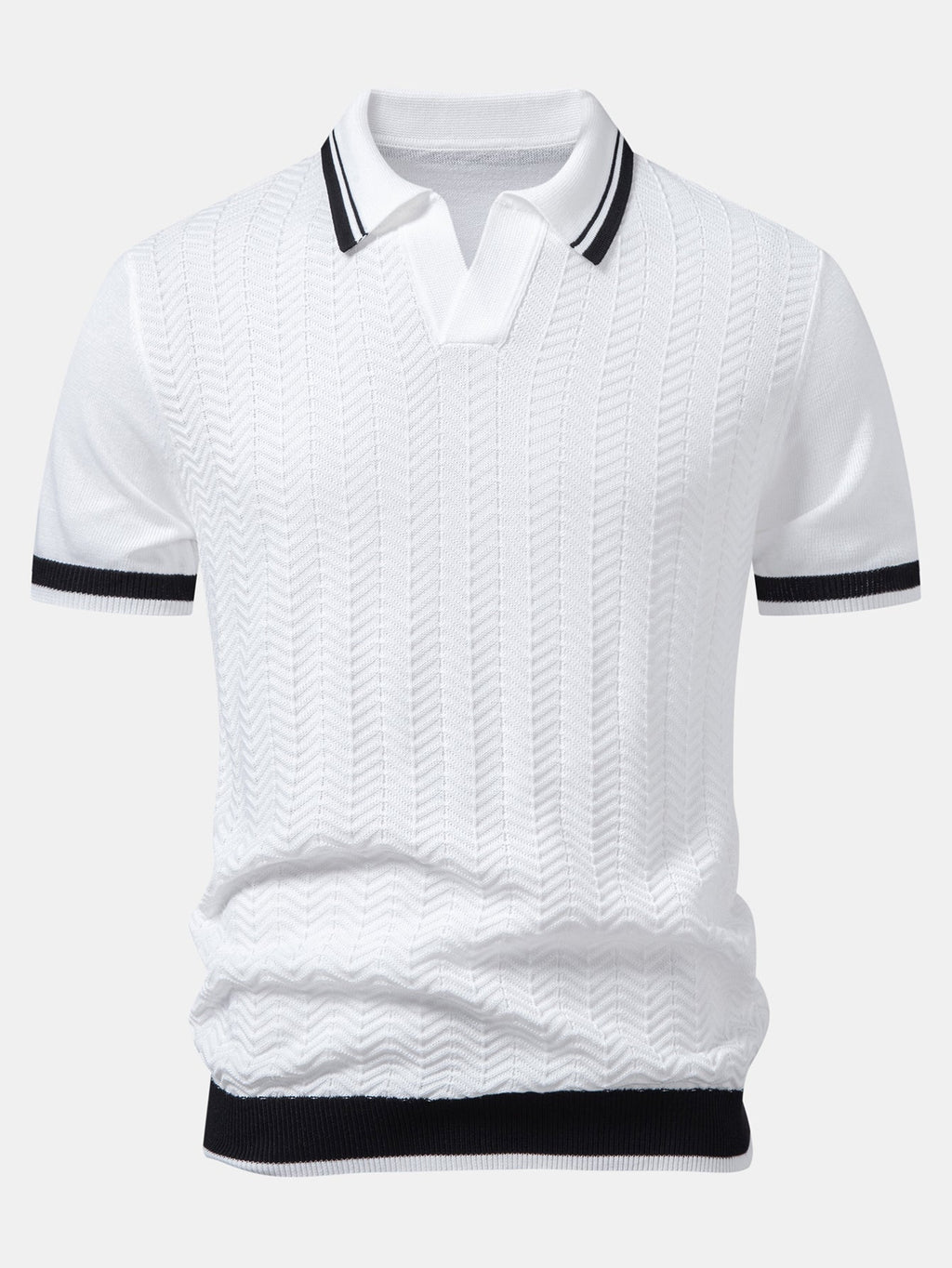 Contrast Textured Jacquard V Neck Knit Polo & Elastic Waist Chino Shorts