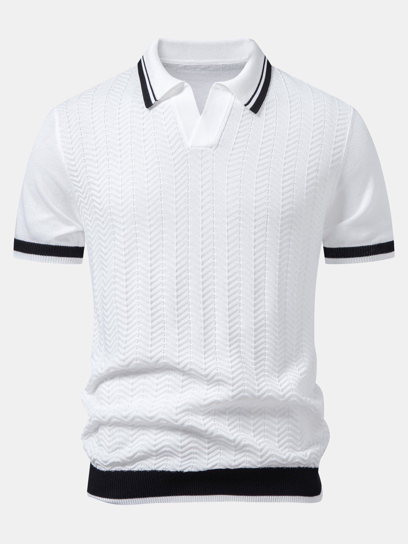 Contrast Textured Jacquard V Neck Knit Polo