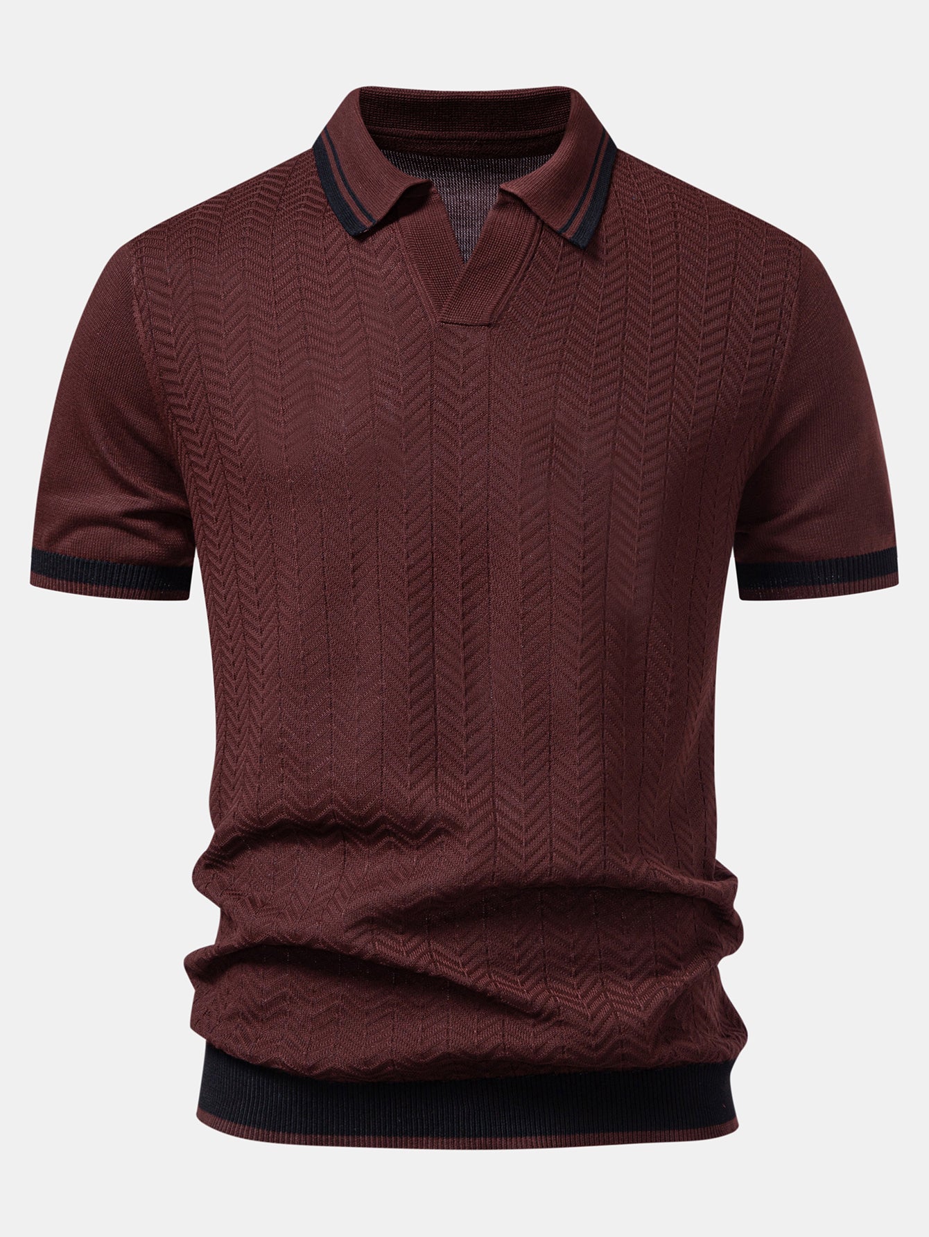 Contrast Textured Jacquard V Neck Knit Polo