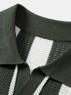 Striped V Neck Open Knit Polo