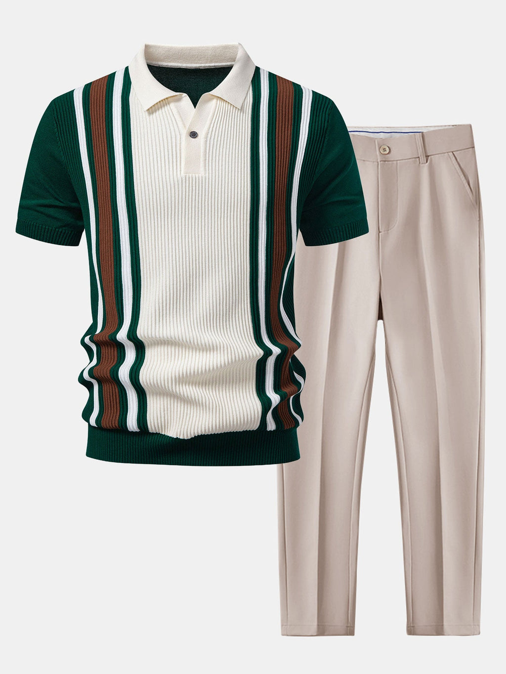 Contrast Striped Ribbed Knit Polo & Slim Fit Tapered Trousers