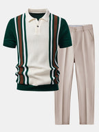 Contrast Striped Ribbed Knit Polo & Slim Fit Tapered Trousers