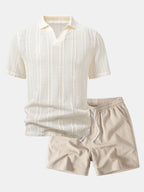 Relax Fit Striped Open Knit Polo & Crinkle Textured Drawstring 5" Shorts