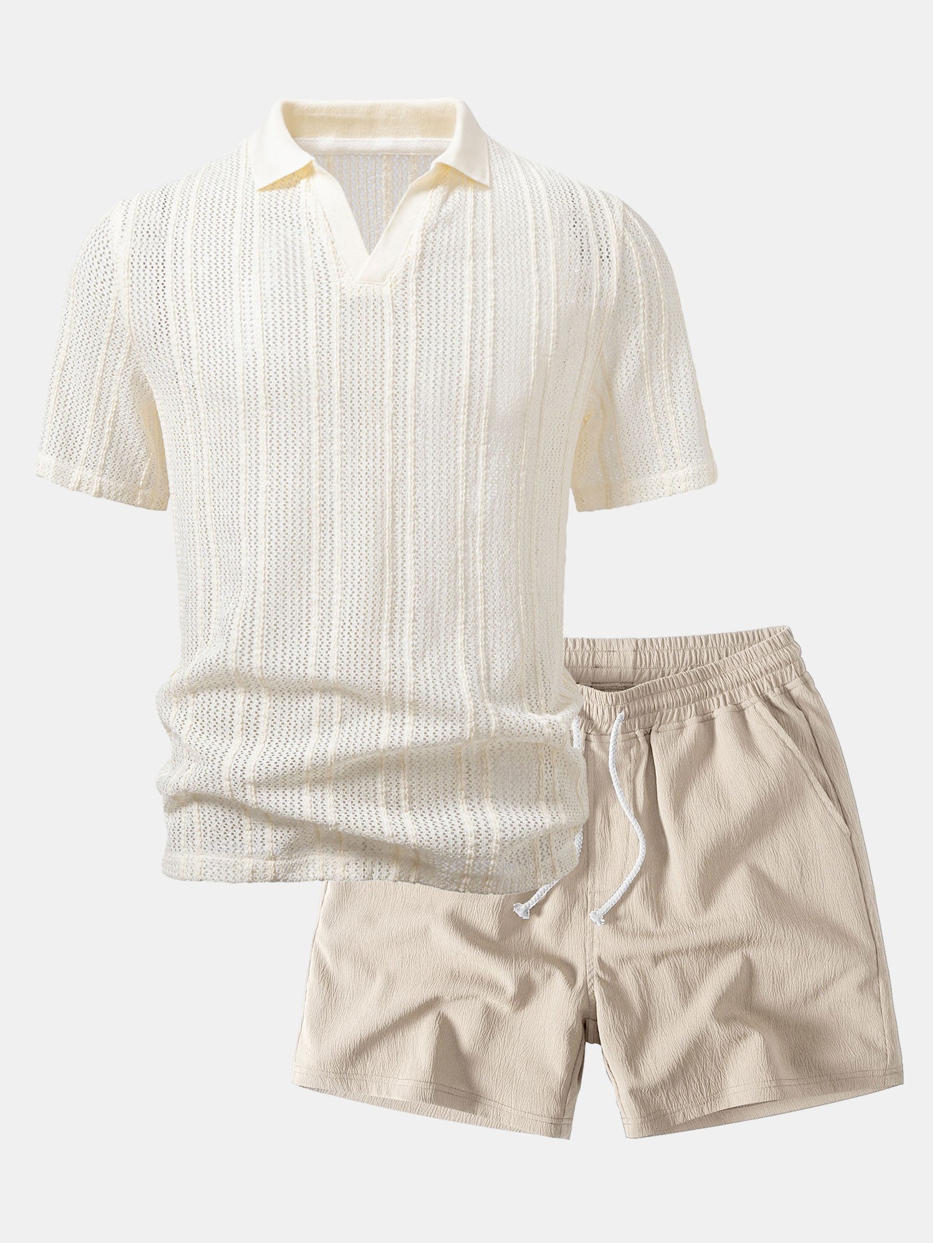 Relax Fit Striped Open Knit Polo & Crinkle Textured Drawstring 5" Shorts