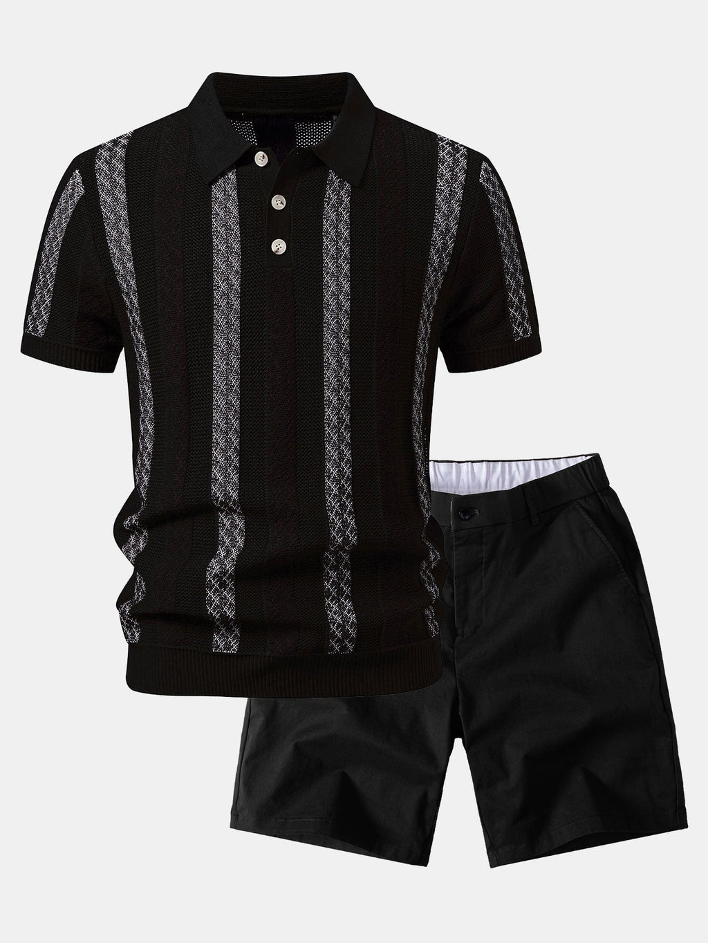 Striped Textured Knit Polo & Elastic Waist Chino Shorts