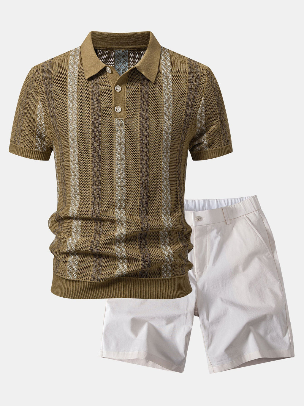 Striped Textured Knit Polo & Elastic Waist Chino Shorts