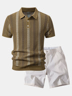 Striped Textured Knit Polo & Elastic Waist Chino Shorts