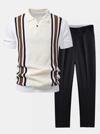 Contrast Striped Ribbed Knit Polo & Slim Fit Tapered Trousers