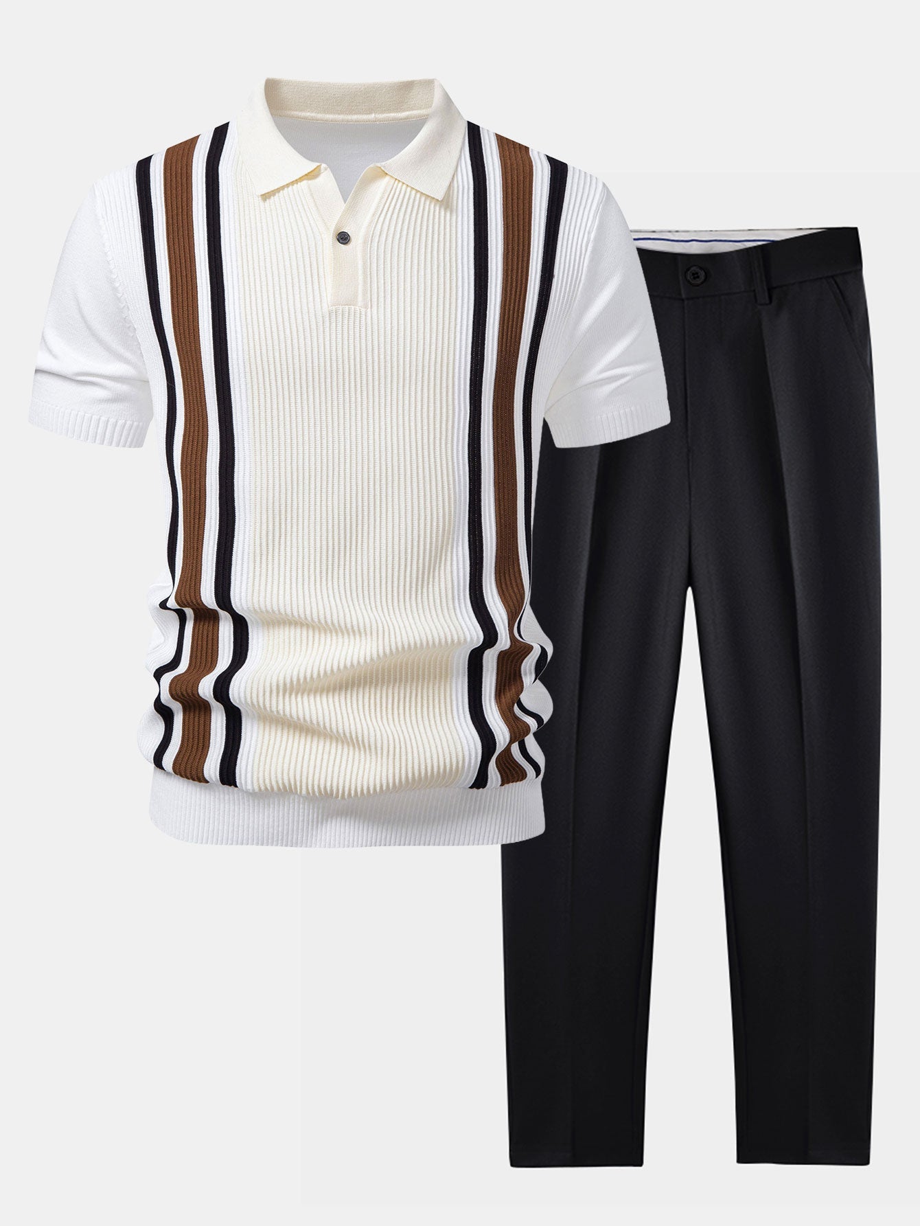 Contrast Striped Ribbed Knit Polo & Slim Fit Tapered Trousers