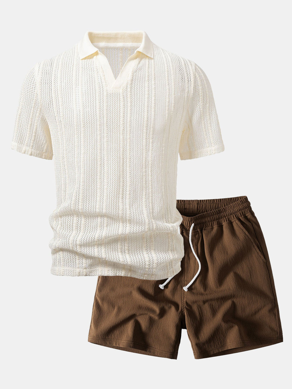 Relax Fit Striped Open Knit Polo & Crinkle Textured Drawstring 5" Shorts