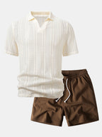Relax Fit Striped Open Knit Polo & Crinkle Textured Drawstring 5" Shorts