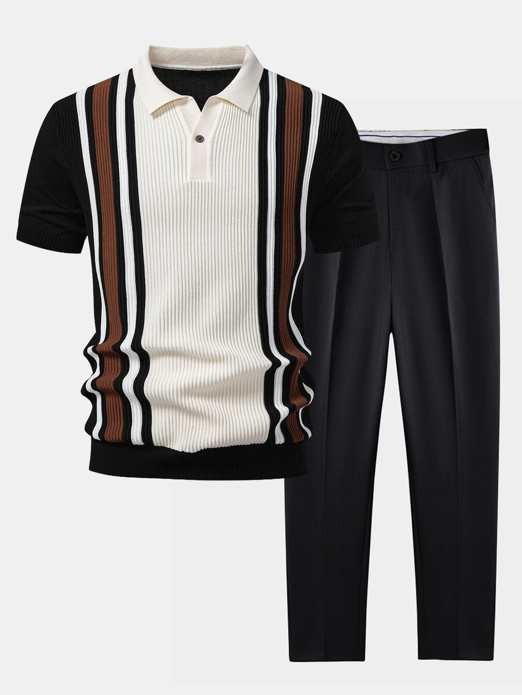 Contrast Striped Ribbed Knit Polo & Slim Fit Tapered Trousers