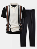 Contrast Striped Ribbed Knit Polo & Slim Fit Tapered Trousers