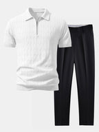 Twisted Jacquard Zipper Knit Polo & Slim Fit Tapered Trousers