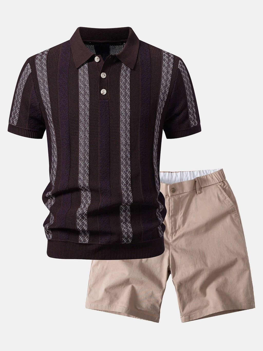 Striped Textured Knit Polo & Elastic Waist Chino Shorts
