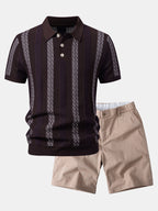 Striped Textured Knit Polo & Elastic Waist Chino Shorts