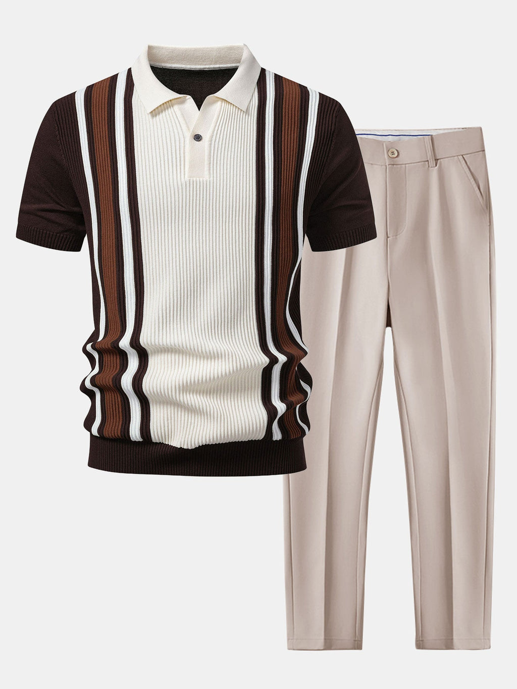 Contrast Striped Ribbed Knit Polo & Slim Fit Tapered Trousers