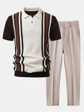 Contrast Striped Ribbed Knit Polo & Slim Fit Tapered Trousers