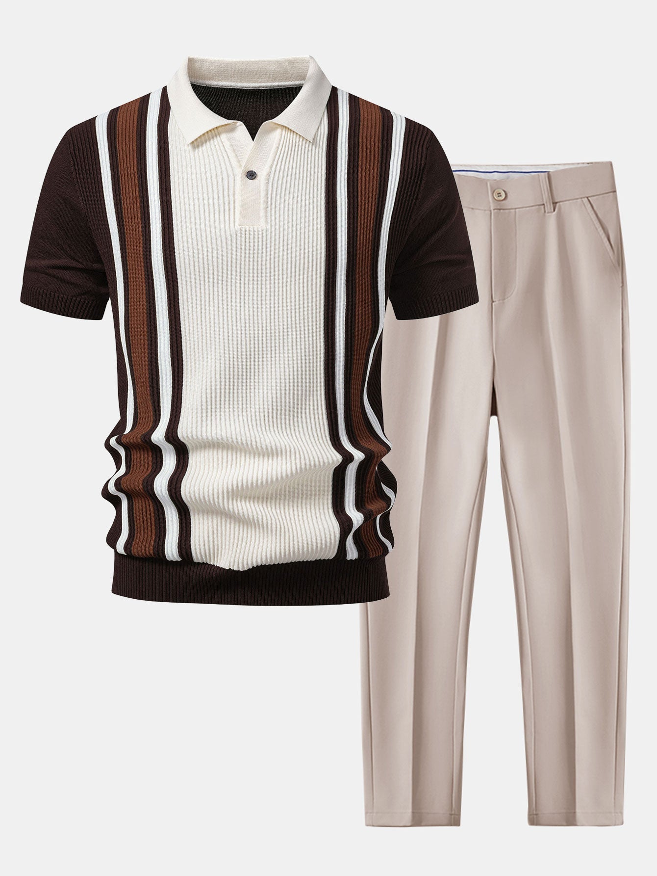 Contrast Striped Ribbed Knit Polo & Slim Fit Tapered Trousers