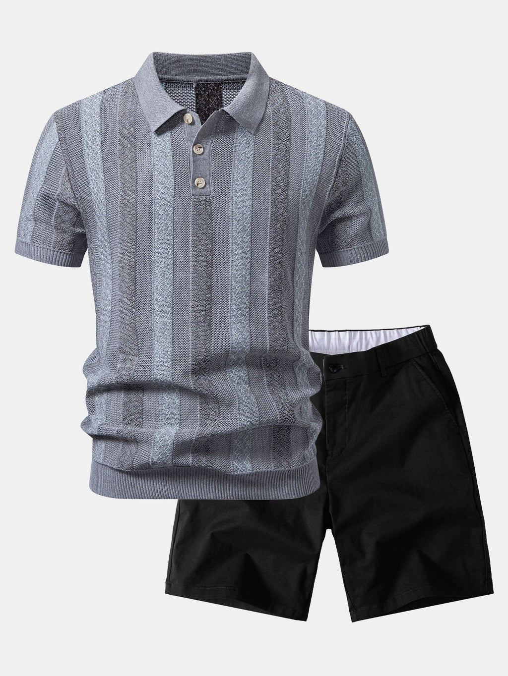 Striped Textured Knit Polo & Elastic Waist Chino Shorts