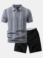 Striped Textured Knit Polo & Elastic Waist Chino Shorts