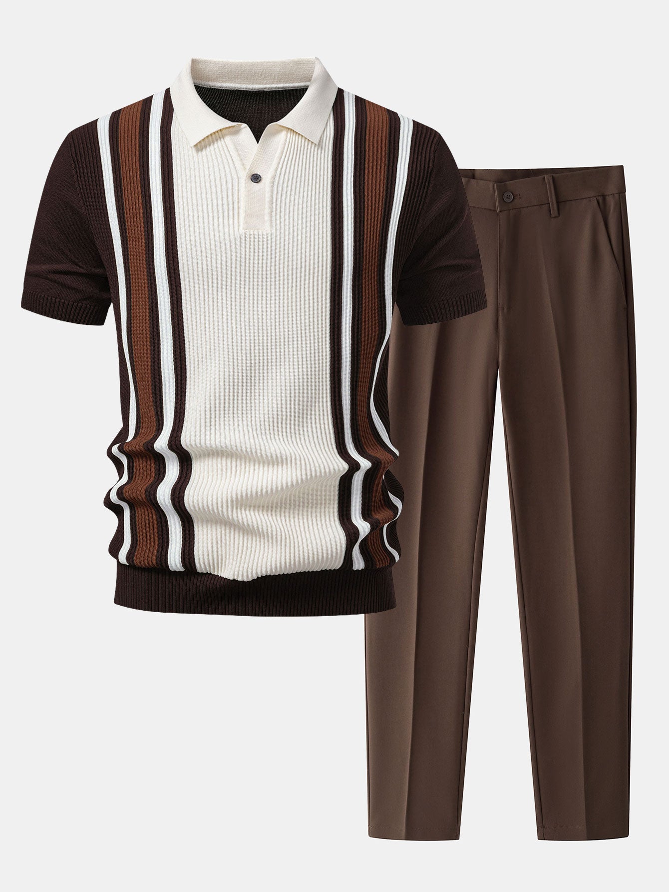 Contrast Striped Ribbed Knit Polo & Slim Fit Tapered Trousers