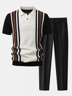 Contrast Striped Ribbed Knit Polo & Slim Fit Tapered Trousers