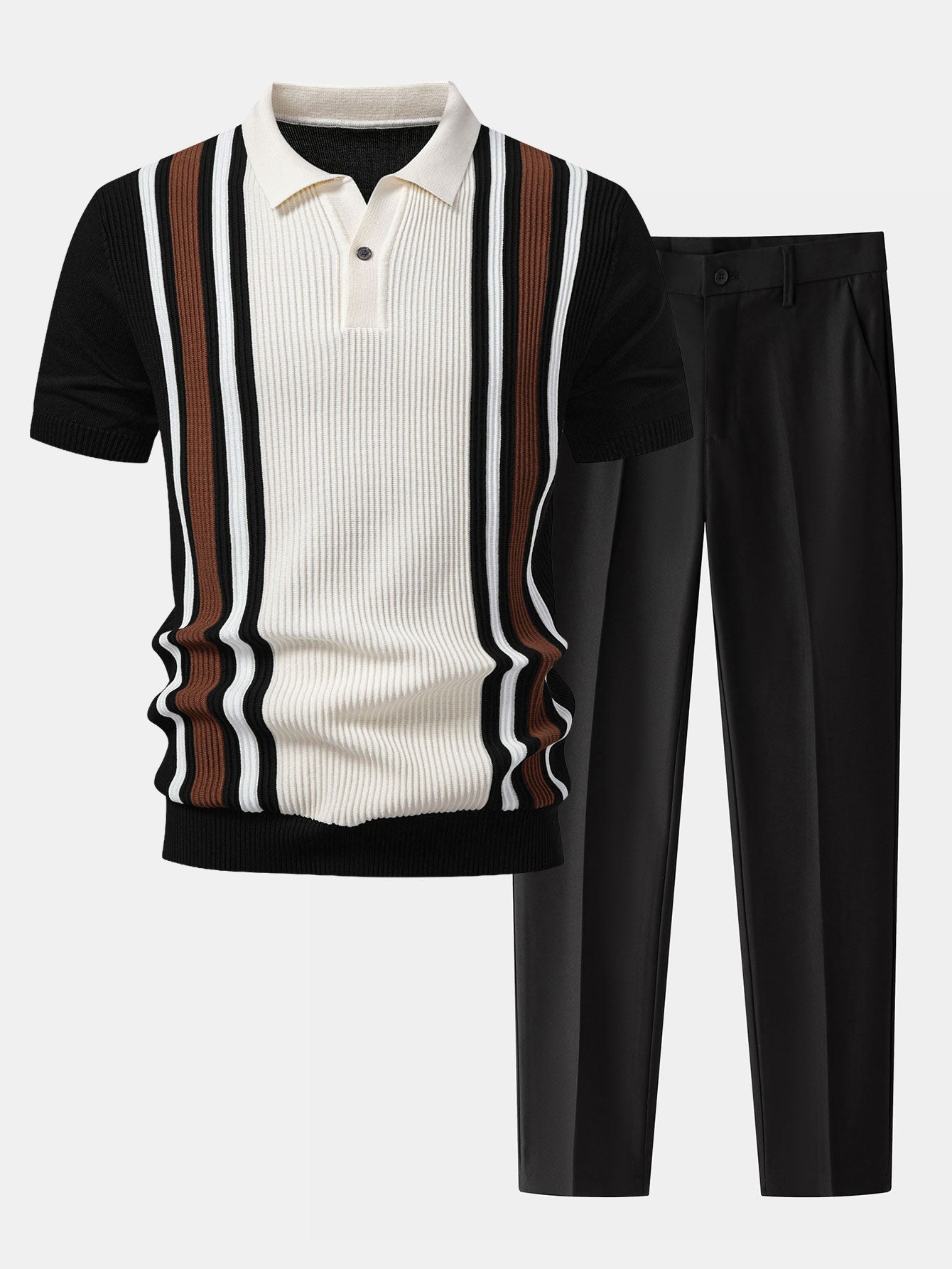 Contrast Striped Ribbed Knit Polo & Slim Fit Tapered Trousers