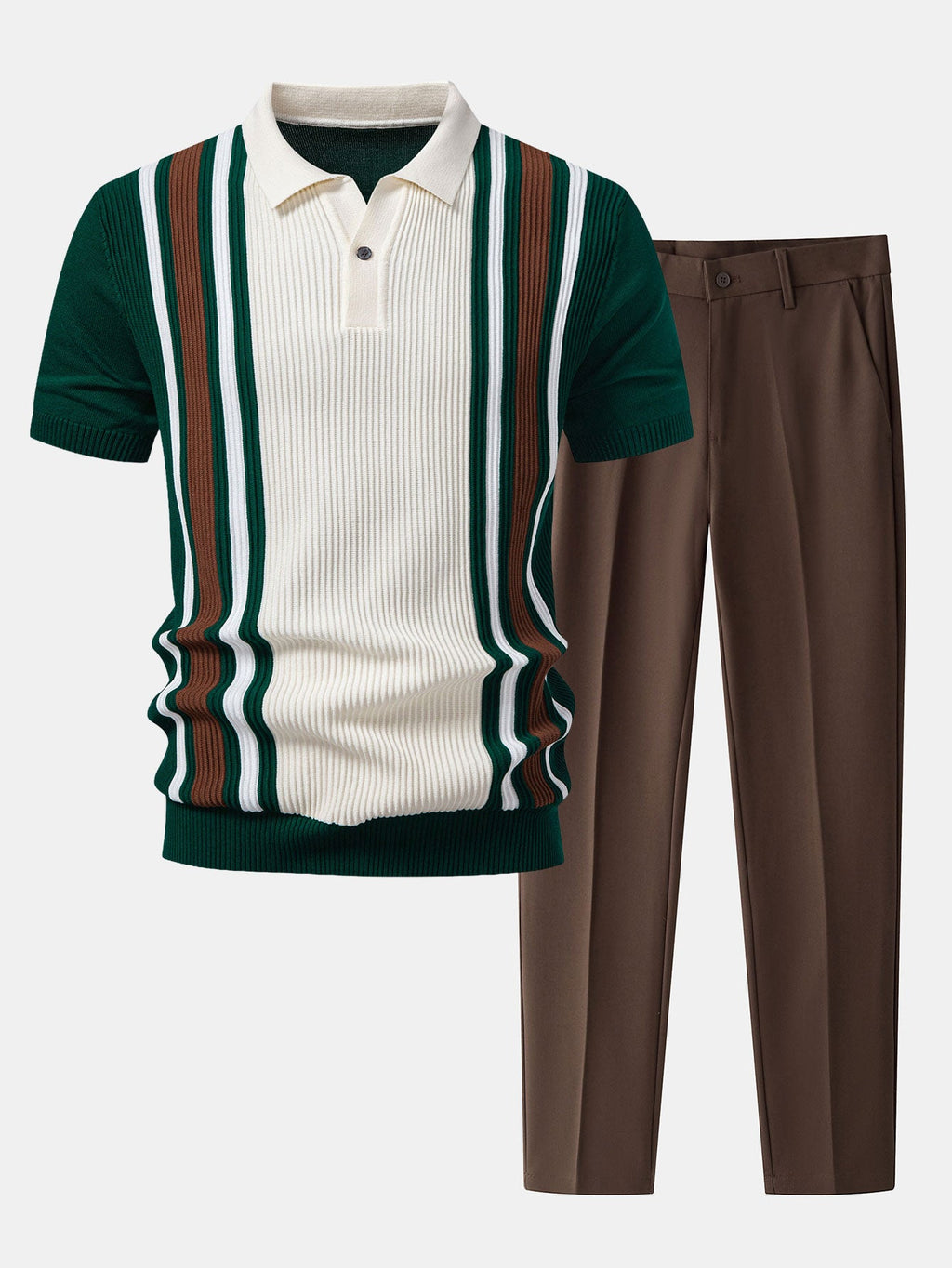 Contrast Striped Ribbed Knit Polo & Slim Fit Tapered Trousers