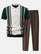 Contrast Striped Ribbed Knit Polo & Slim Fit Tapered Trousers