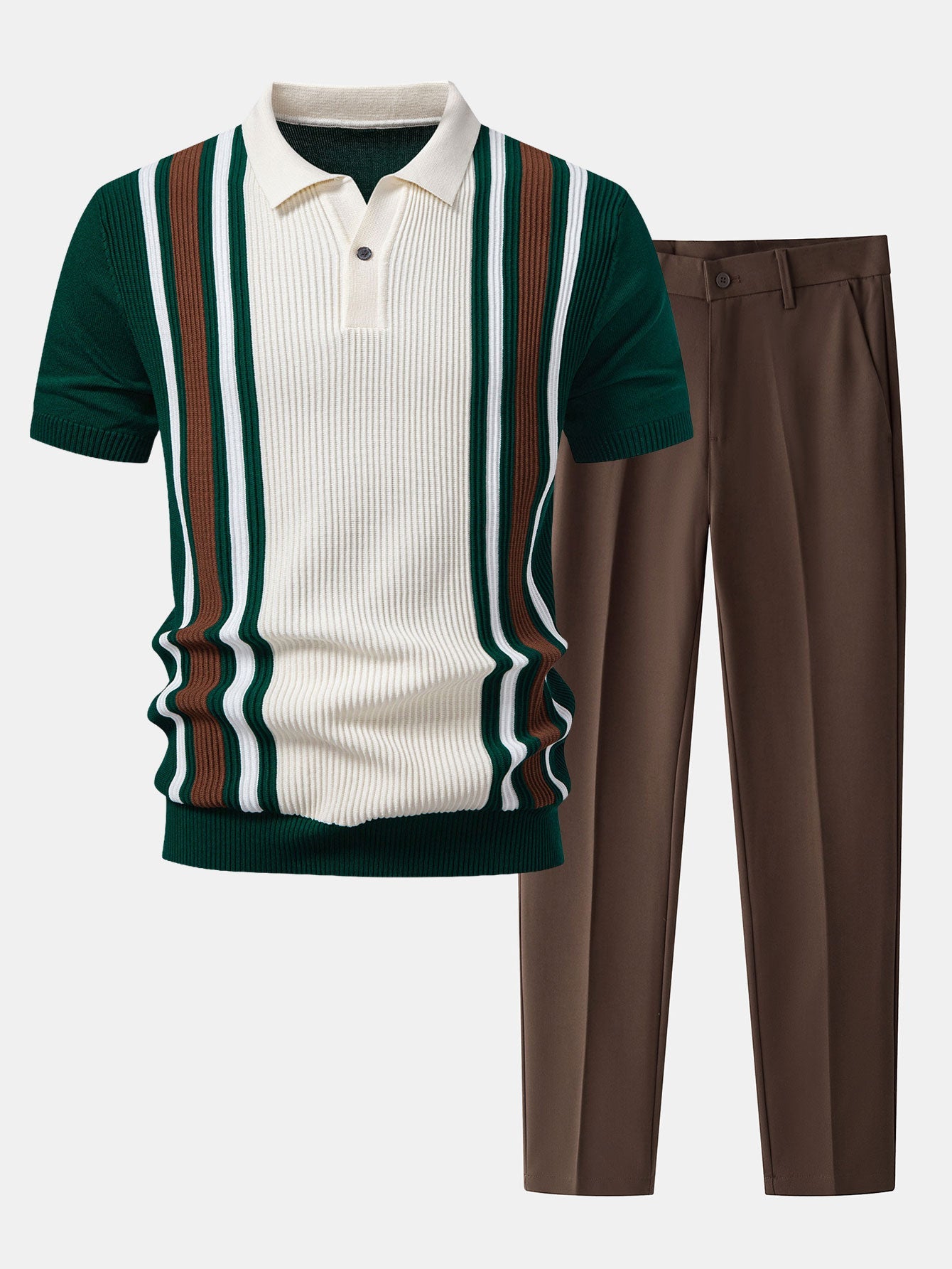 Contrast Striped Ribbed Knit Polo & Slim Fit Tapered Trousers