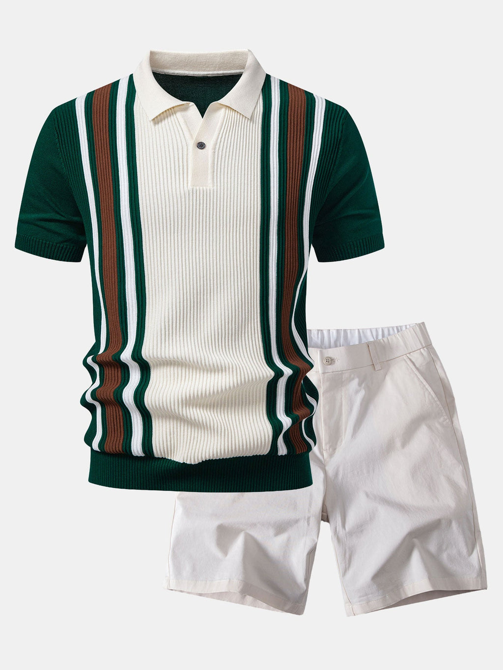 Contrast Striped Ribbed Knit Polo & Elastic Waist Chino Shorts