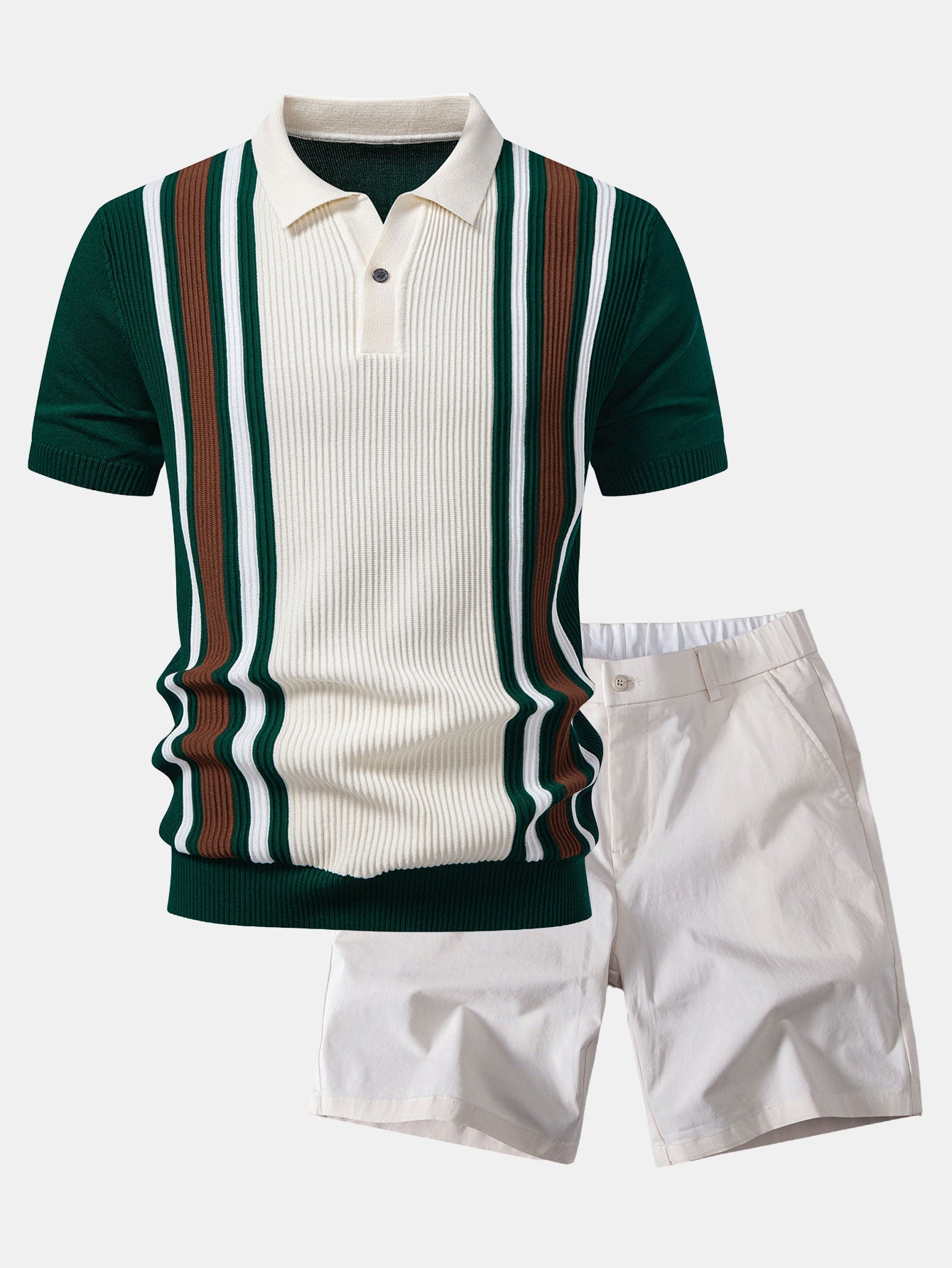 Contrast Striped Ribbed Knit Polo & Elastic Waist Chino Shorts