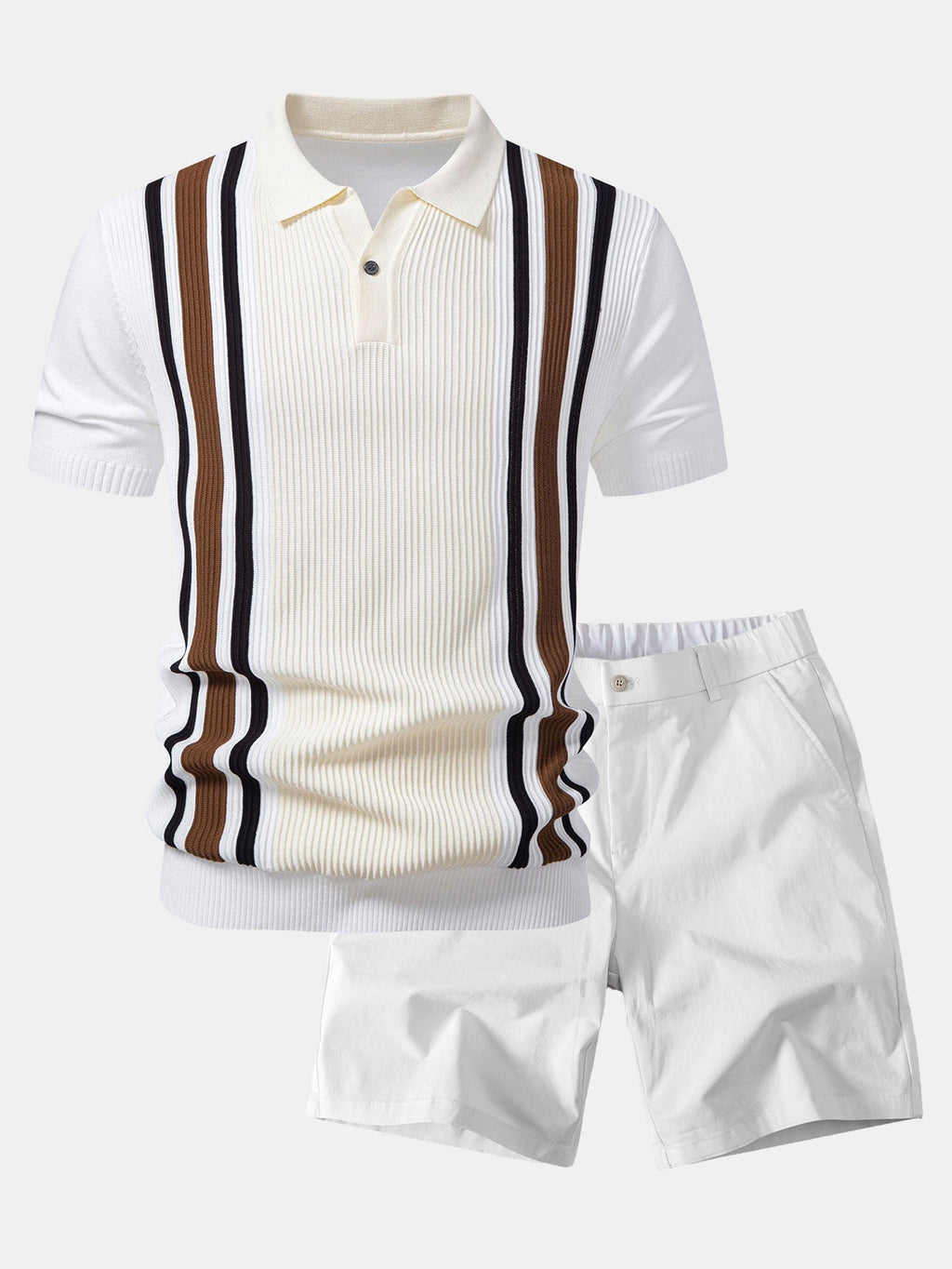 Contrast Striped Ribbed Knit Polo & Elastic Waist Chino Shorts