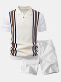 Contrast Striped Ribbed Knit Polo & Elastic Waist Chino Shorts