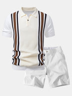 Contrast Striped Ribbed Knit Polo & Elastic Waist Chino Shorts