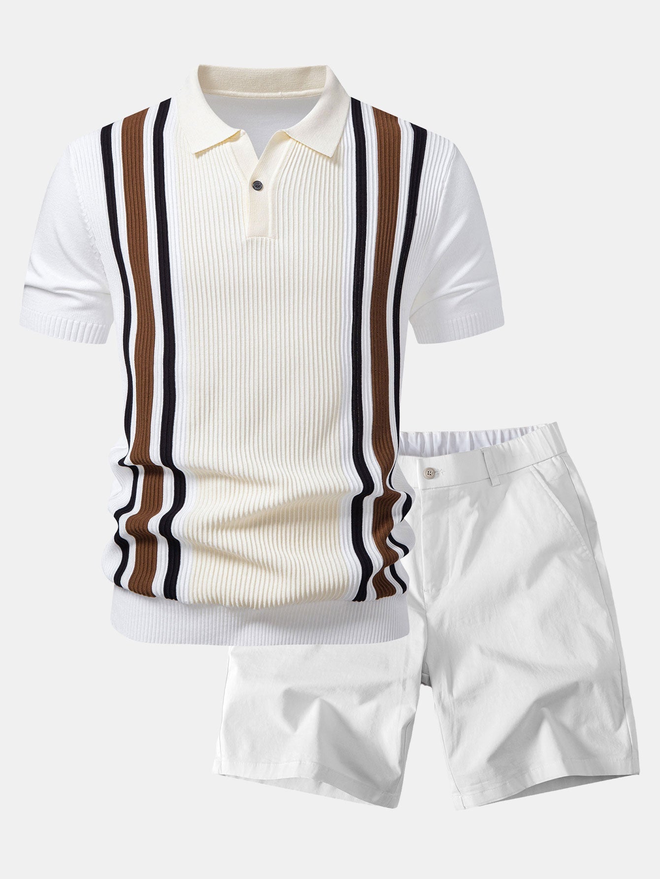 Contrast Striped Ribbed Knit Polo & Elastic Waist Chino Shorts