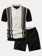 Contrast Striped Ribbed Knit Polo & Elastic Waist Chino Shorts