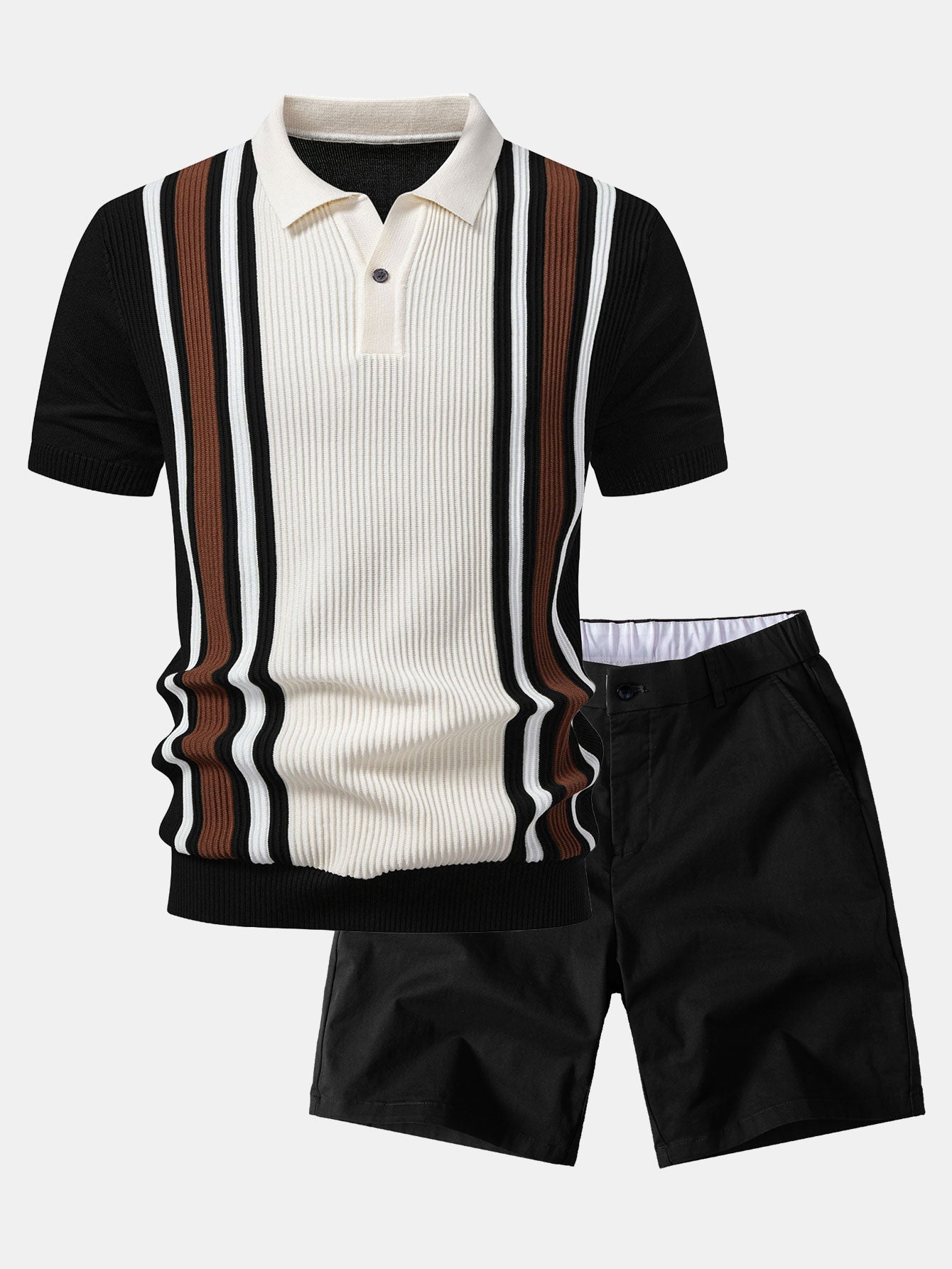 Contrast Striped Ribbed Knit Polo & Elastic Waist Chino Shorts