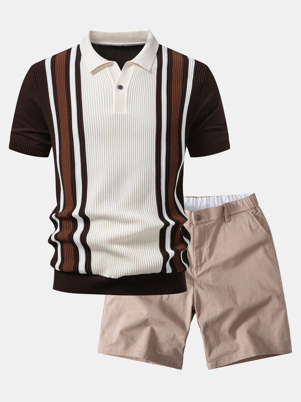 Contrast Striped Ribbed Knit Polo & Elastic Waist Chino Shorts