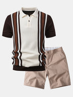 Contrast Striped Ribbed Knit Polo & Elastic Waist Chino Shorts